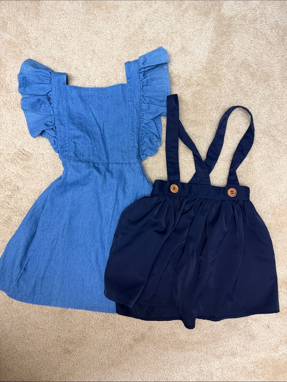 Blue Ruffle-Sleeve Dress & Navy Suspender Skirt Set - Kids Bottoms
